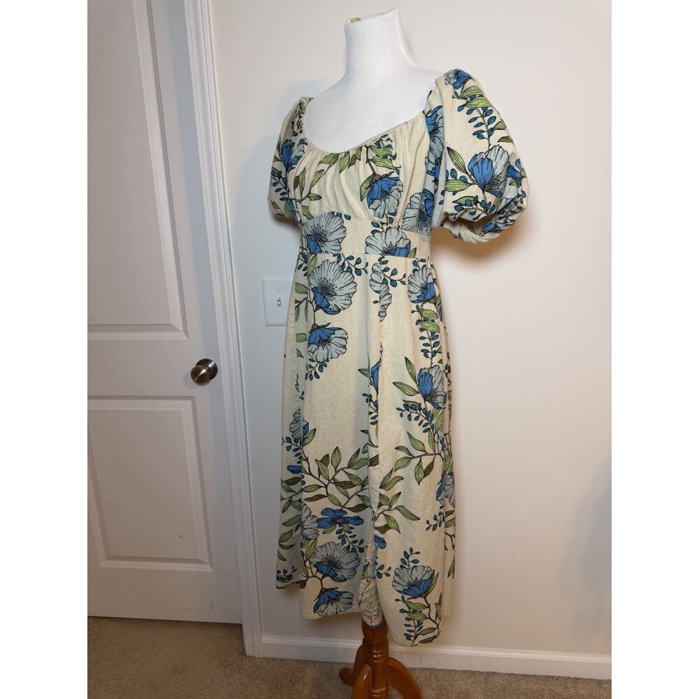 Tulip Creations Floral Smocked Puff Sleeve Midi Dress Women’s Large Tan Blue - Picture 2 of 8